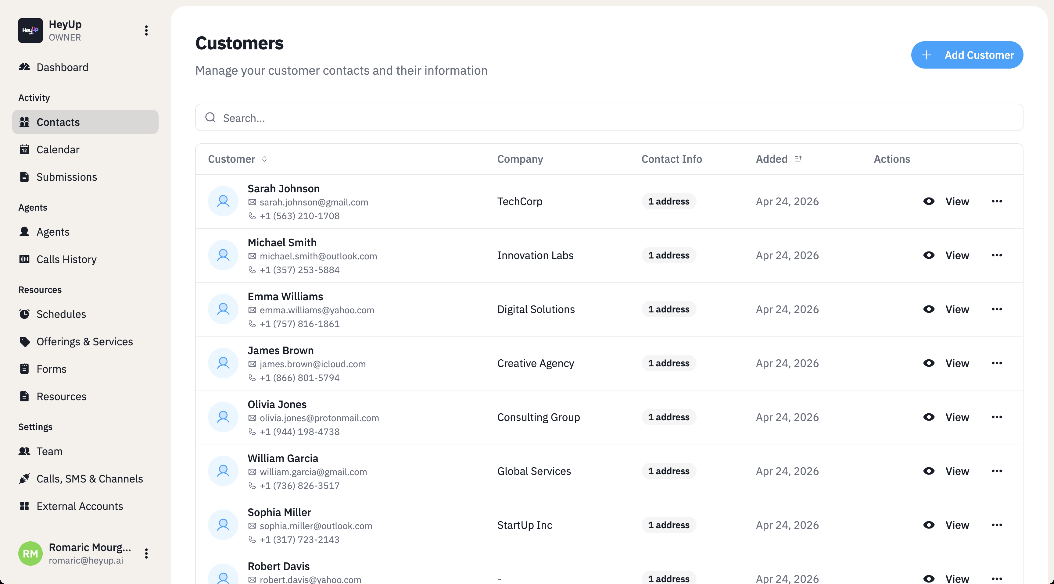 Customer management dashboard